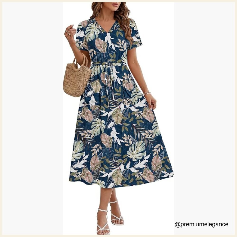 V-Neck Maxi Dress with Drawstring Waist and Pockets - Casual Summer Long Dress